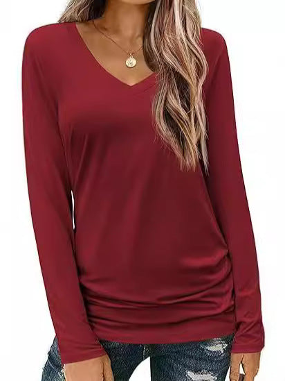 Damen Figurbetontes V‑Ausschnitt Langarmshirt aus Stretch‑Jersey mit leicht gerafftem Saum Drune