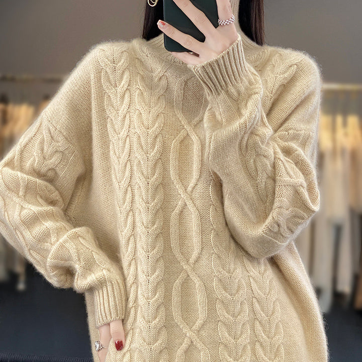 Damen Oversize-Zopfmuster-Pullover mit Mohair-Optik und gerippten Bündchen Drune