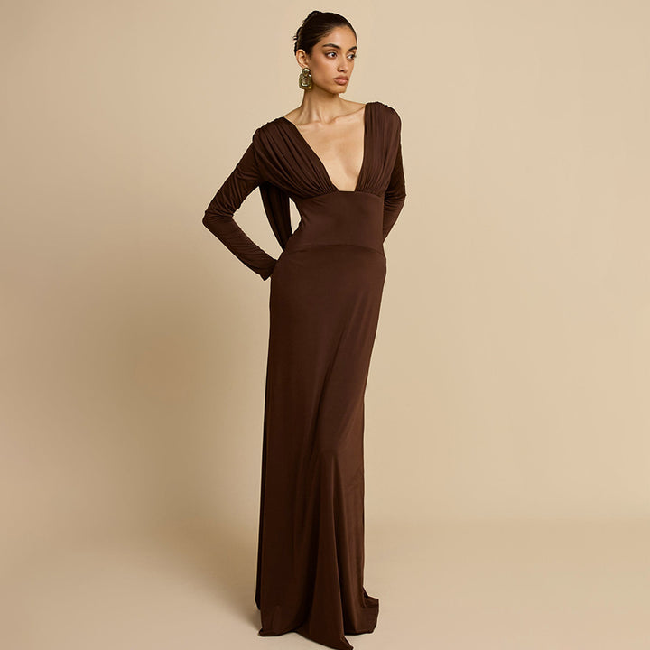 Damen Elegantes Maxikleid mit tiefem V-Ausschnitt und langen Ärmeln Drune