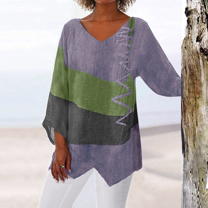 Frauen Casual A-Linien Leinenlook Tunika mit Farbblockstreifen und V-Ausschnitt Drune