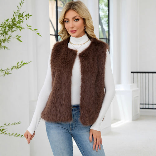 Damen Flauschige Kunstpelzweste mit voluminösem Kragen Drune
