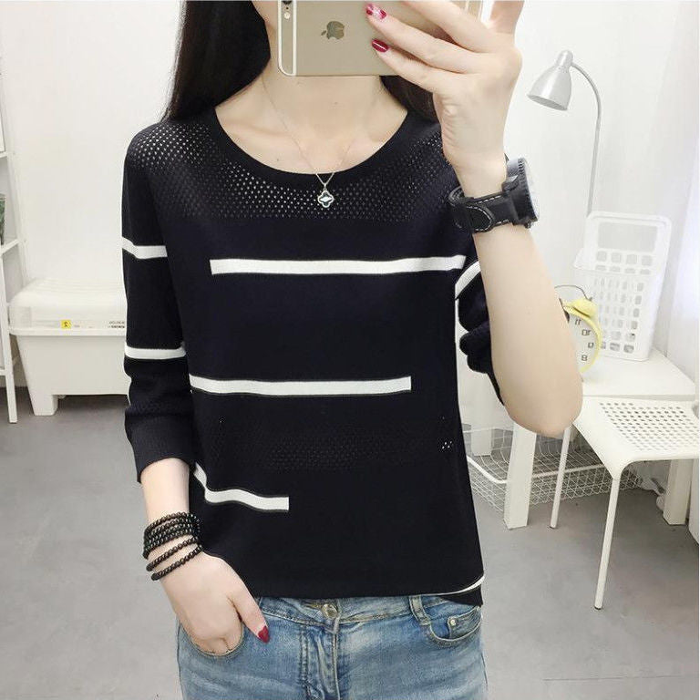 Damen lässiger Feinstrickpullover mit modischem Streifenmuster Drune