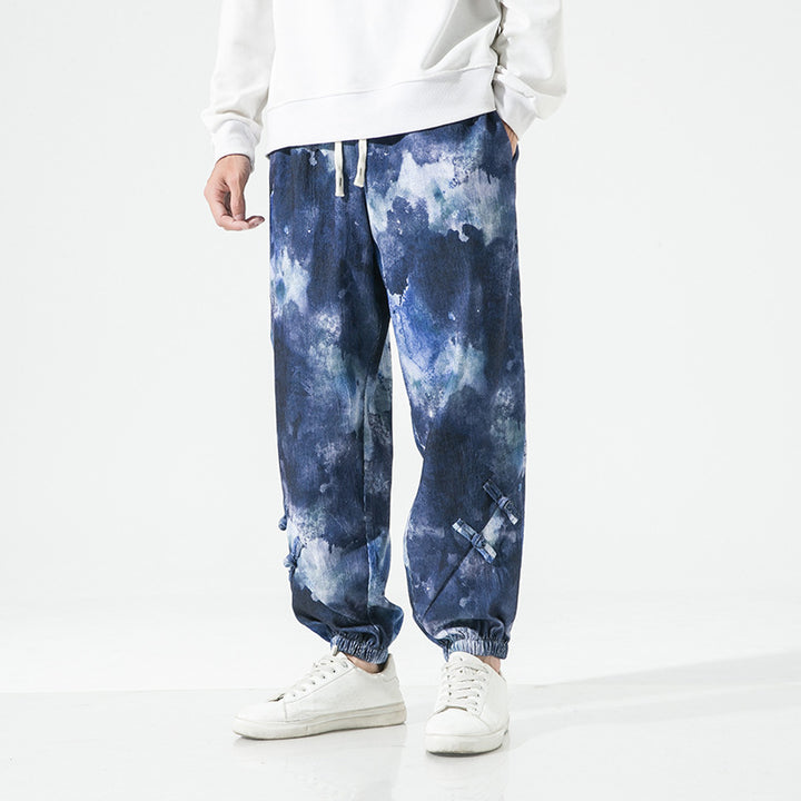 Herren Tie-Dye Baggy Jogginghose mit Tunnelzug, Gummibündchen und dekorativen Riemen Drune
