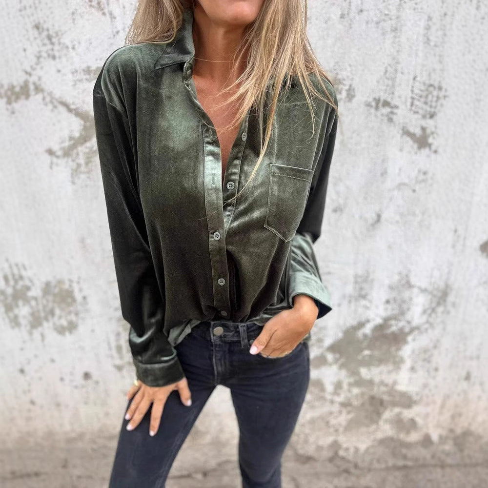Damen Elegante Samtbluse mit klassischem Hemdkragen und langen Ärmeln Drune