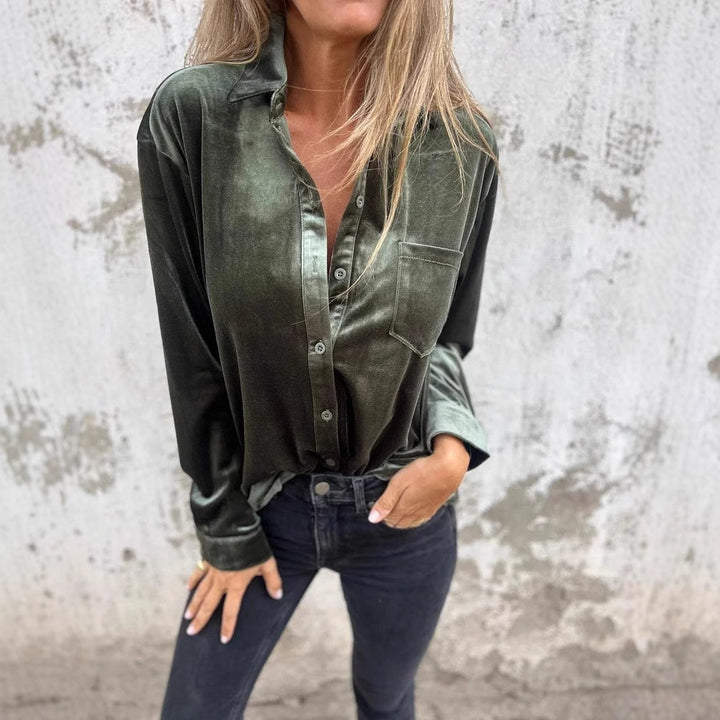 Damen Elegante Samtbluse mit klassischem Hemdkragen und langen Ärmeln Drune