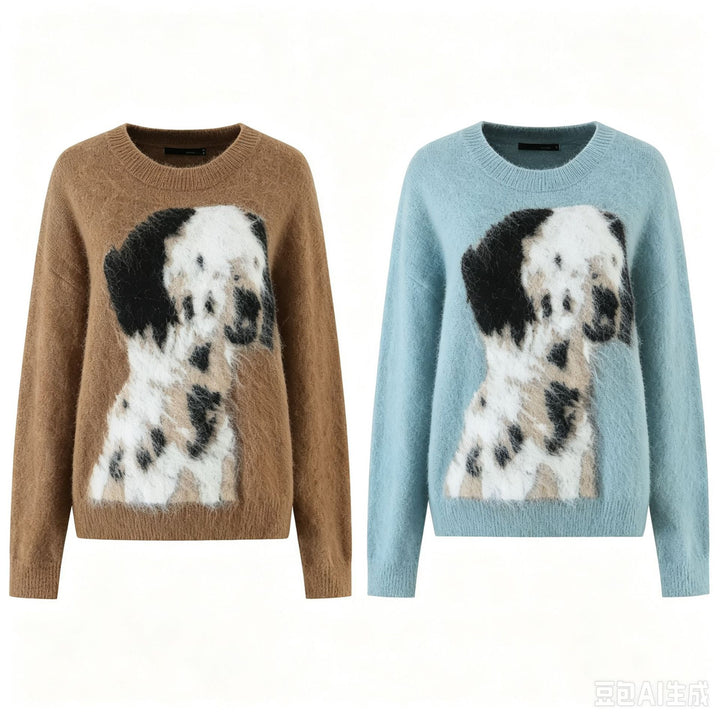Damen Mohair-Mix Rundhalspullover mit abstraktem Hundemotiv Drune