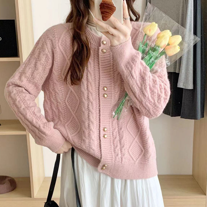 Damen Gemütlicher Strickjacke mit Perlknöpfen Drune