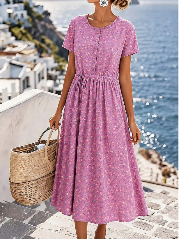 Damen Midikleid mit floralem Alloverprint, Tunnelzugtaillenband und Knopfleiste Drune