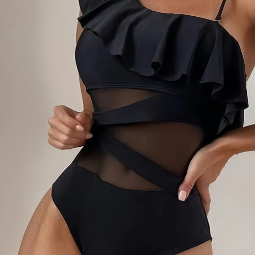Damen Einteiler Badeanzug mit asymmetrischem Rüschendesign und eleganten Cut-Out-Details Drune