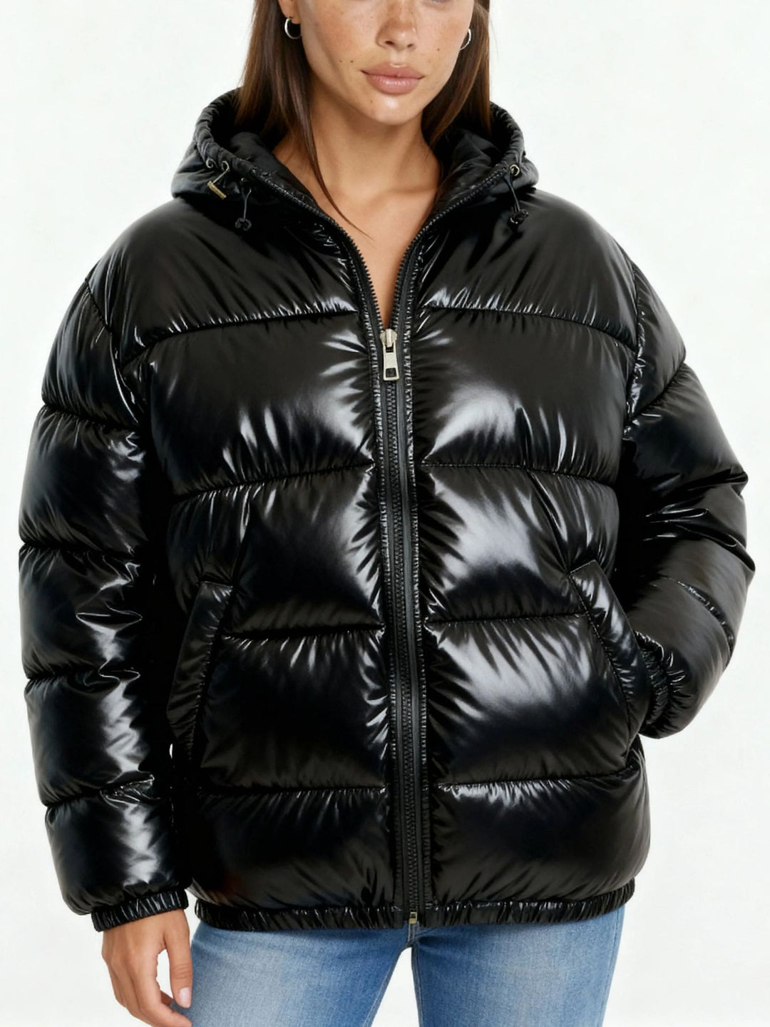 Damen Hochglanz Steppjacke mit Kapuze