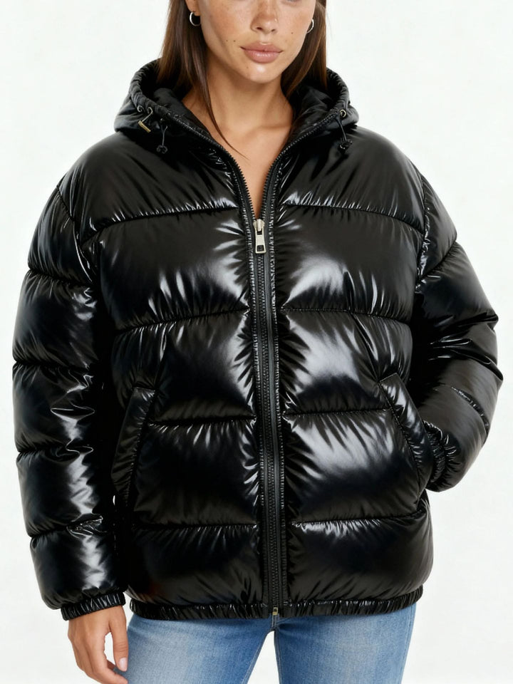 Damen Hochglanz Steppjacke mit Kapuze