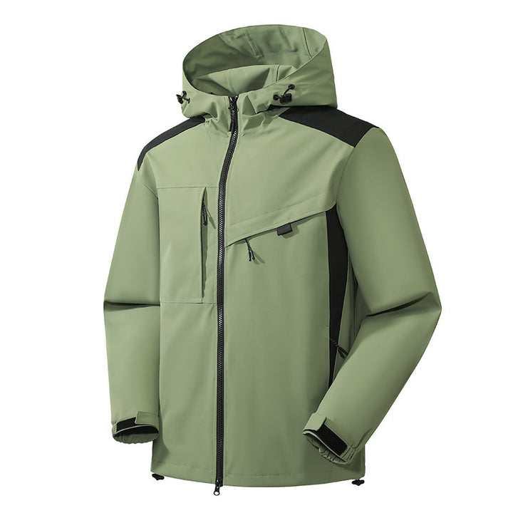 Herren technische Softshelljacke mit Kapuze, diagonalem Brustfach und Multifach-Reißverschlusstaschen Drune