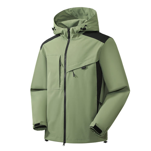 Herren technische Softshelljacke mit Kapuze, diagonalem Brustfach und Multifach-Reißverschlusstaschen Drune