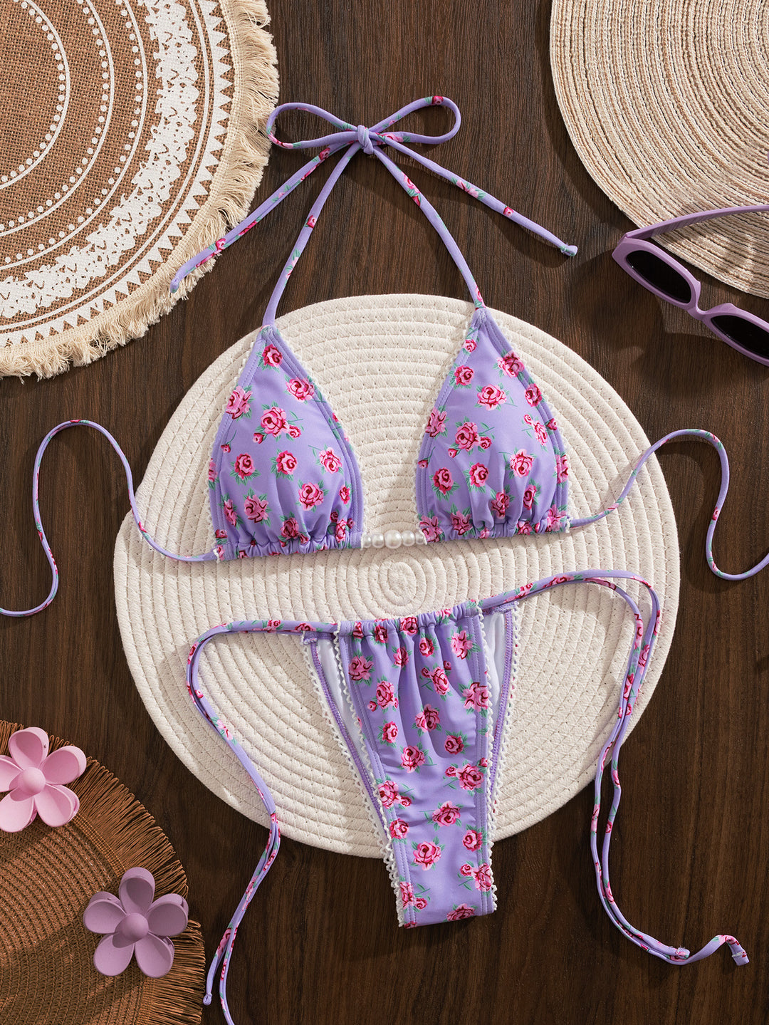Damen Triangel-Bikini mit floralem Druck und verspielten Rüschen Drune