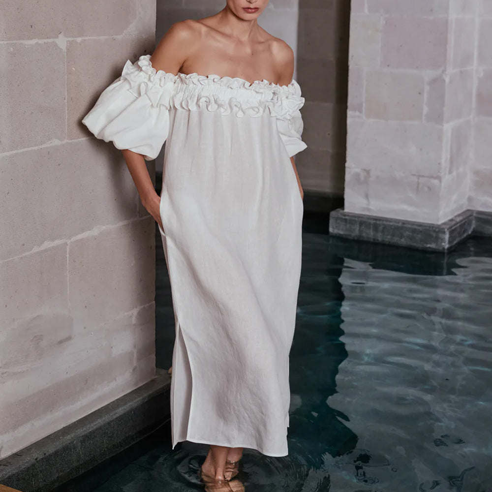 Damen Off-Shoulder Sommerkleid mit Rüschendetails Drune