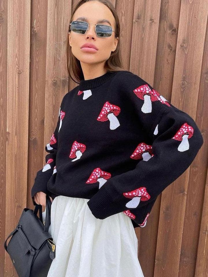 Damen weiter Strickpullover mit Pilzmotiv Rundhals Rippbündchen Drune
