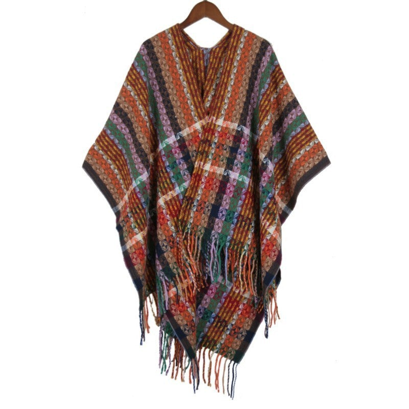Damen Mehrfarbiger Web‑Poncho im Boho‑Patchwork‑Design mit Fransen Drune