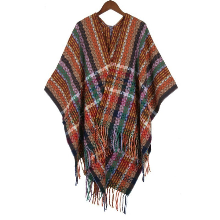 Damen Mehrfarbiger Web‑Poncho im Boho‑Patchwork‑Design mit Fransen Drune