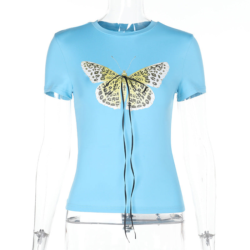Damen Basic T-Shirt mit lebendigem Schmetterlingsdruck und verstellbarem Kordelzug Drune