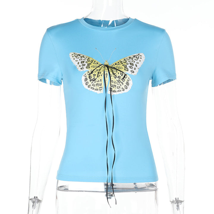 Damen Basic T-Shirt mit lebendigem Schmetterlingsdruck und verstellbarem Kordelzug Drune