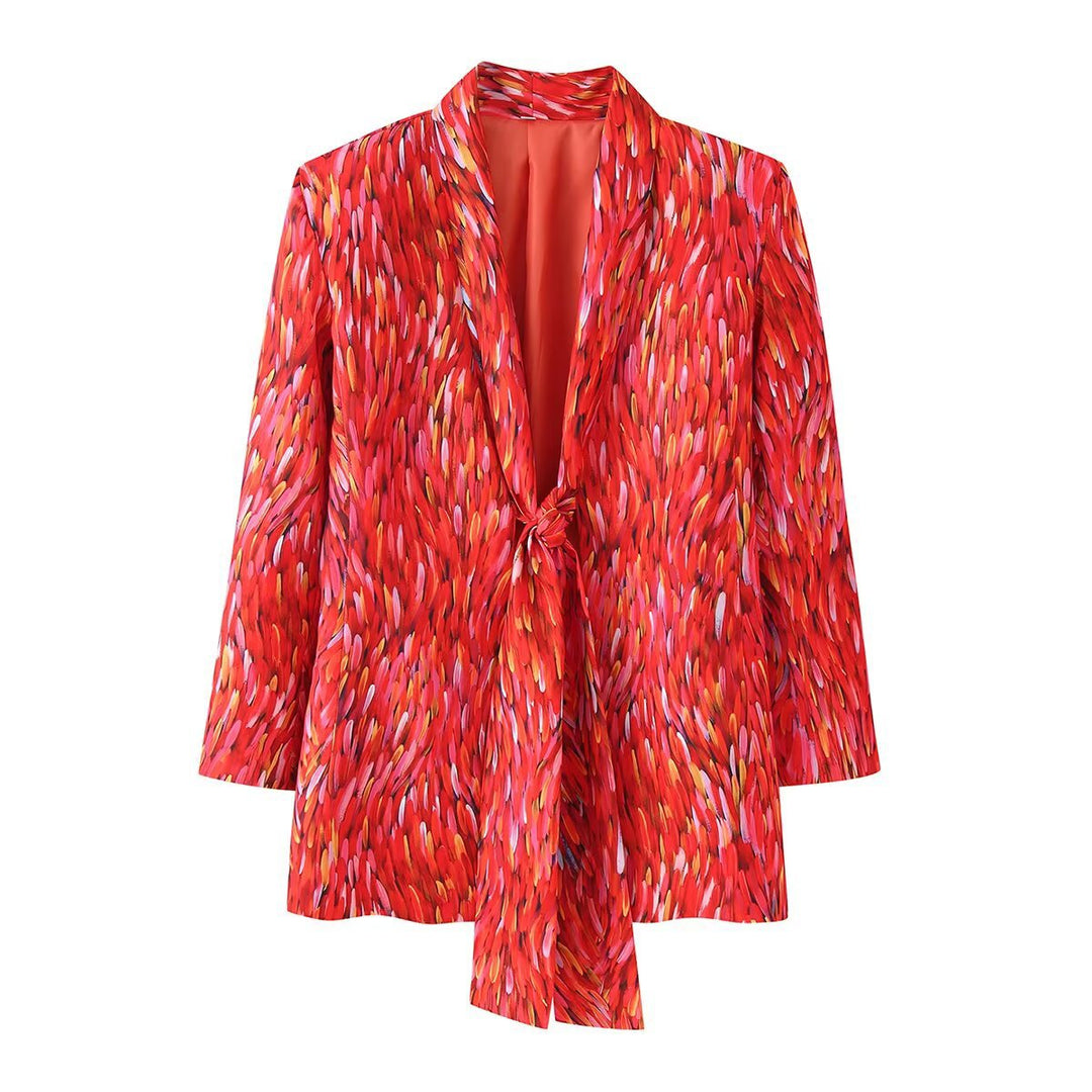 Damen Zweiteiliges Satin-Set mit lockerem Knotenblazer und ausgestellter Schlaghose Drune
