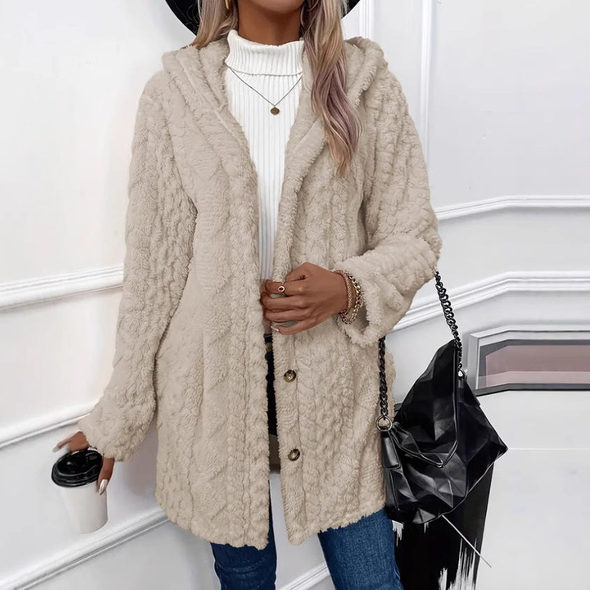Damen nan kuschelige Teddy-Mantel mit Kapuze, Knopfleiste und Taschen Drune