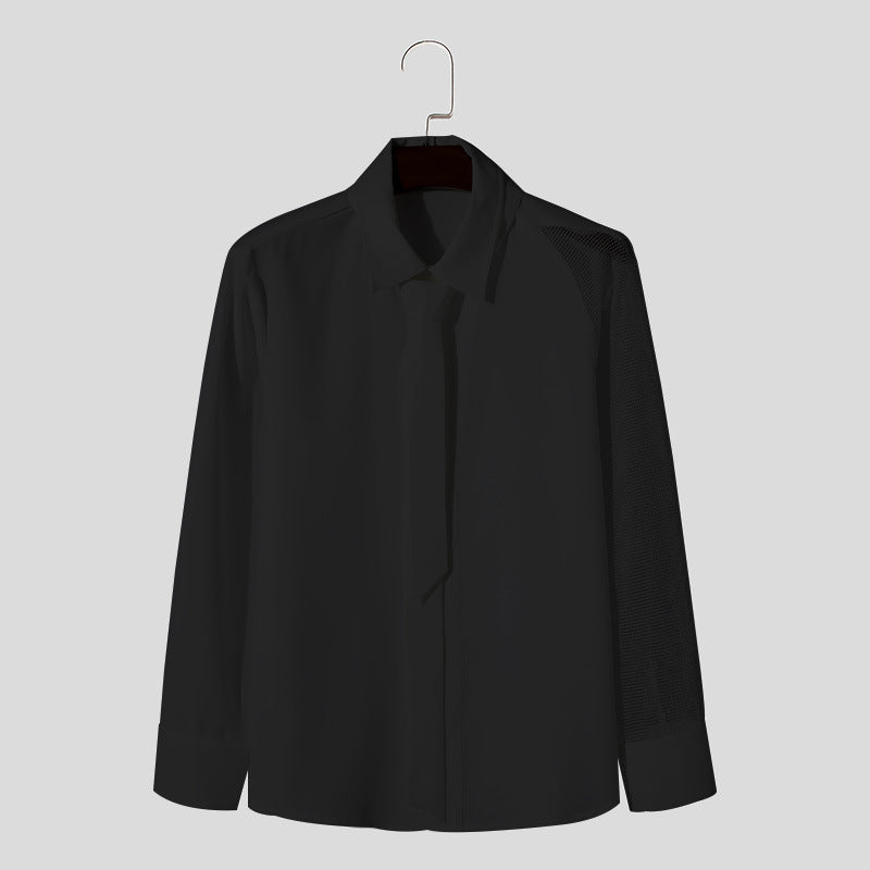 Damen nan fließende Hemdbluse mit angenähter Schluppe verdeckter Knopfleiste und einseitigem Netzärmeldetail Drune