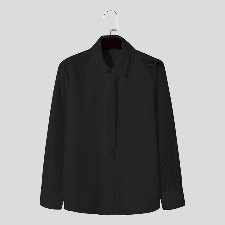 Damen nan fließende Hemdbluse mit angenähter Schluppe verdeckter Knopfleiste und einseitigem Netzärmeldetail Drune