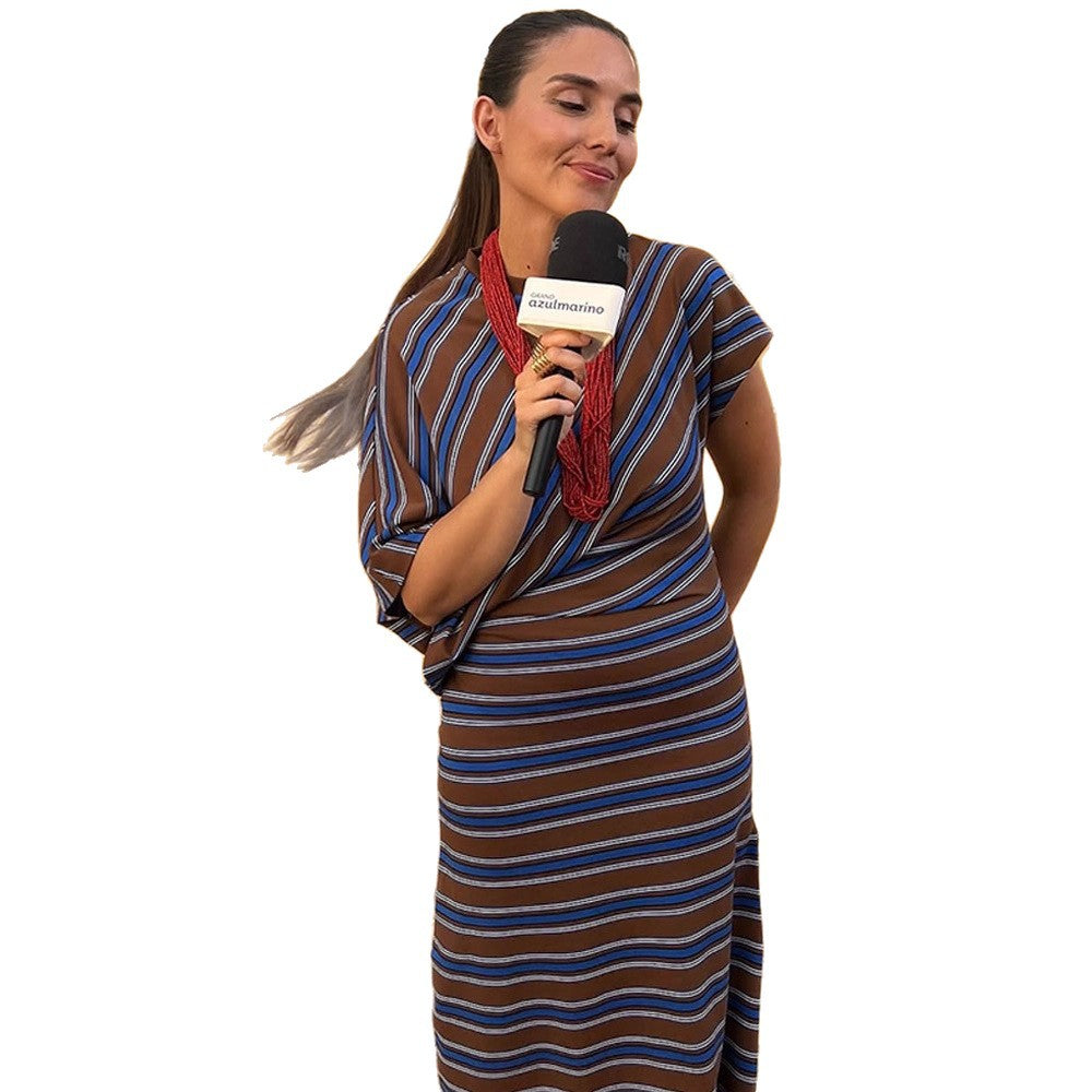 Damen Gestreiftes Maxikleid mit asymmetrischer Cape-Ärmelung & taillierter Silhouette Drune