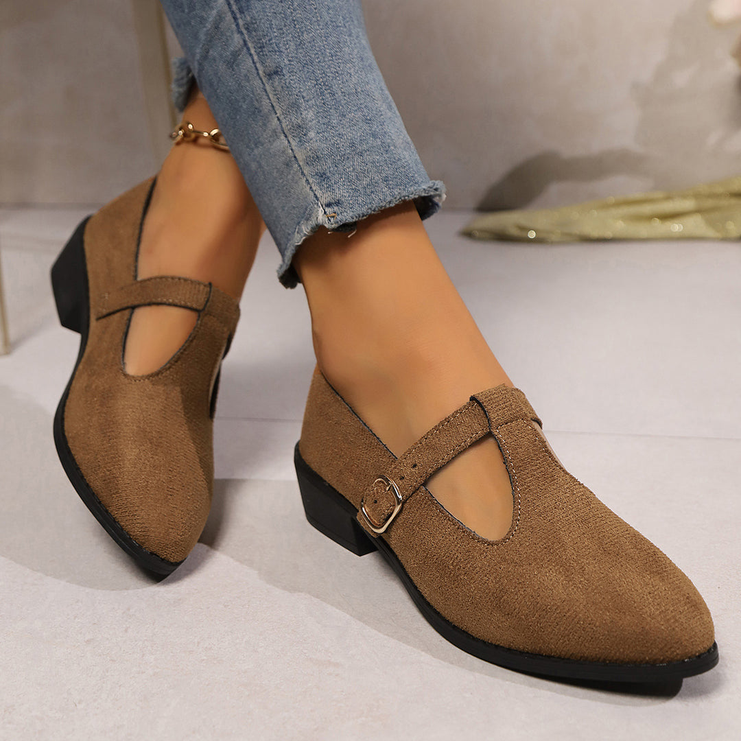 Damen Lack-Mary-Jane-Ballerinas mit spitzer Kappe, verstellbarem Riemen und kleinem Blockabsatz Drune