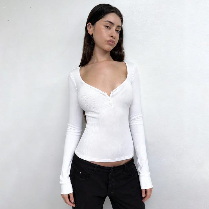 Damen nan figurbetontes geripptes Langarm-Henley-Top mit tiefem V-Ausschnitt und Knopfleiste Drune