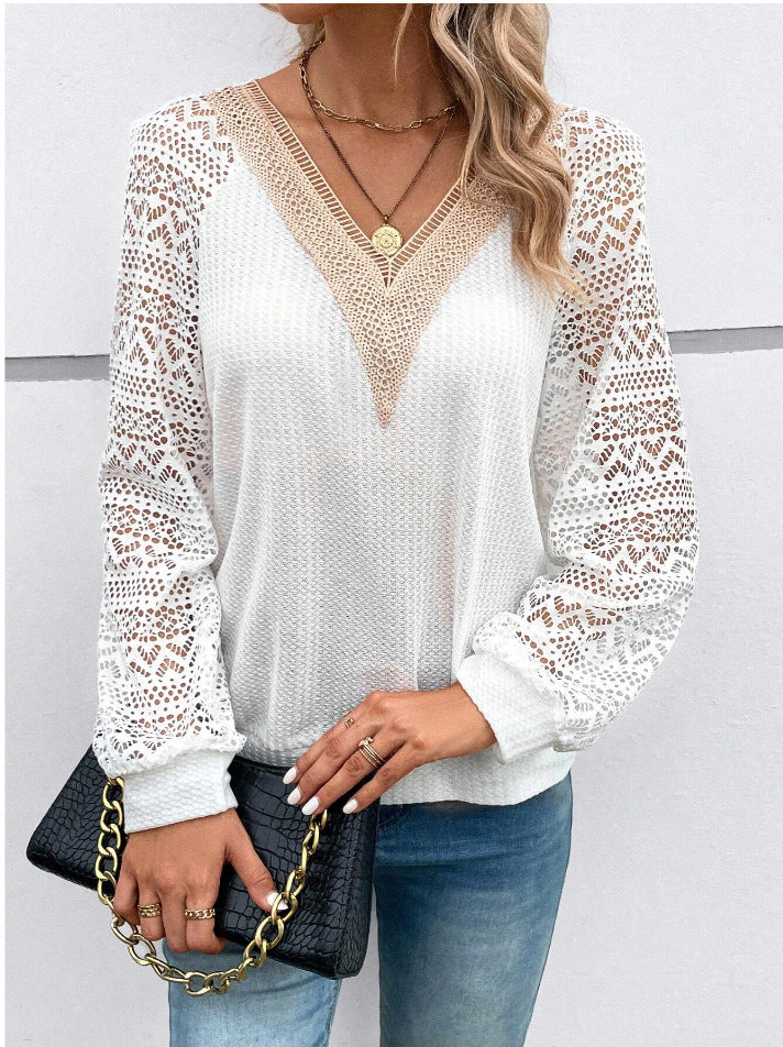 Damen Elegantes V-Ausschnitt Shirt mit Spitzenärmeln Drune