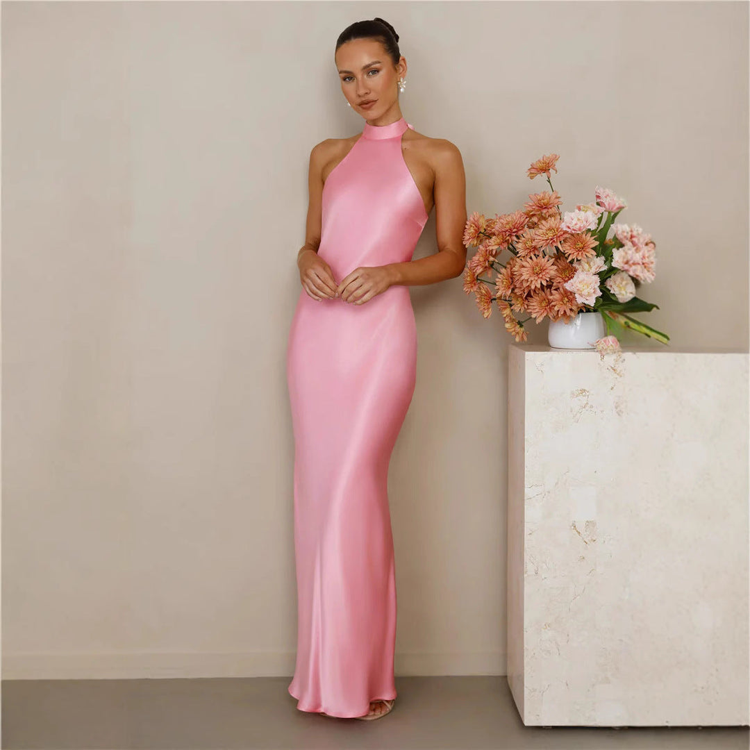 Damen Elegantes Satin-Maxikleid mit hohem Kragen und körpernahem Schnitt Drune