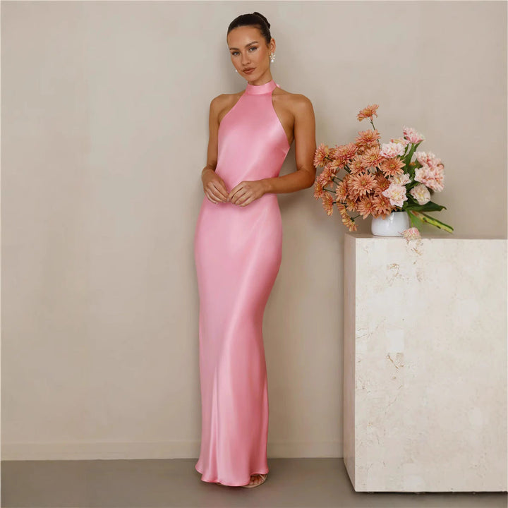 Damen Elegantes Satin-Maxikleid mit hohem Kragen und körpernahem Schnitt Drune