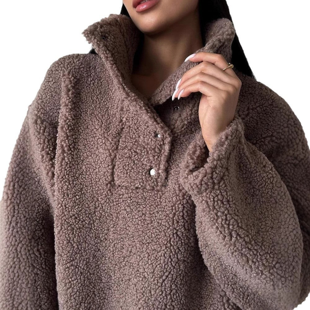 Damen Oversized Teddy-Pullover mit halber Druckknopfleiste und Stehkragen Drune