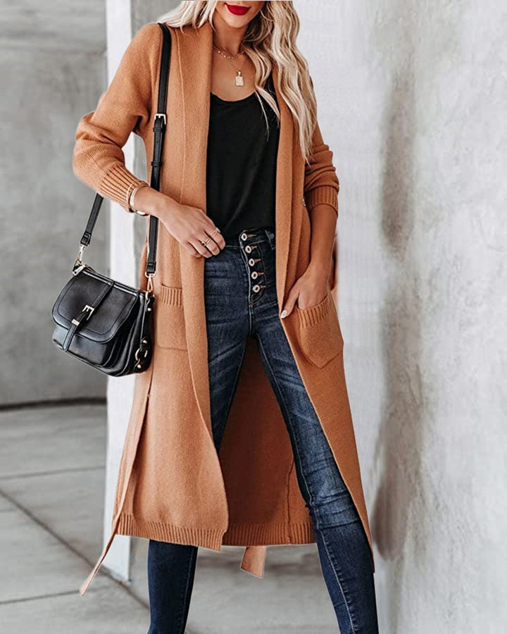 Damen Strickmantel mit Bindegürtel und großen Taschen Drune