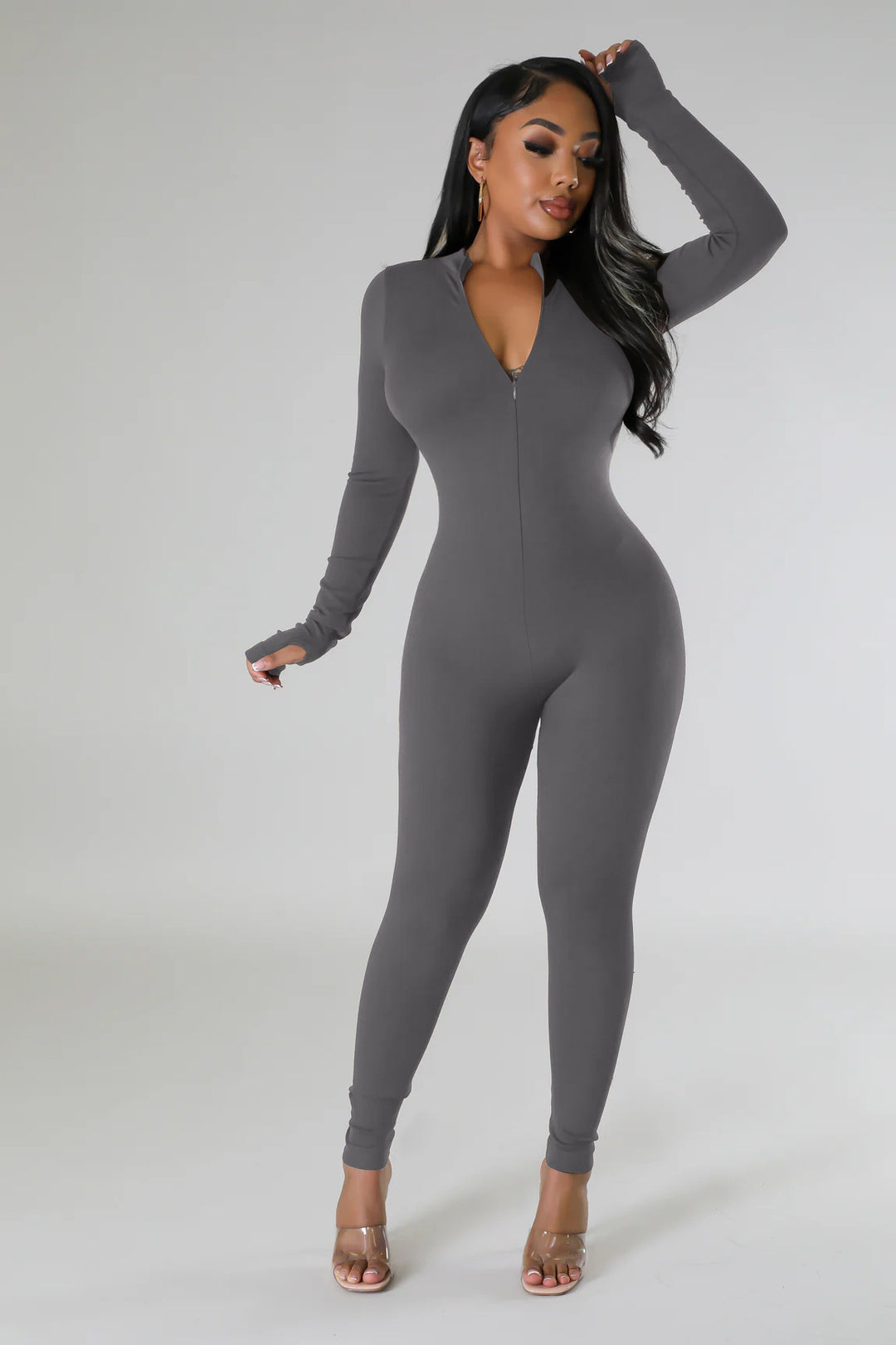 Damen figurbetontes Langarm-Jumpsuit mit durchgehendem Reißverschluss Drune