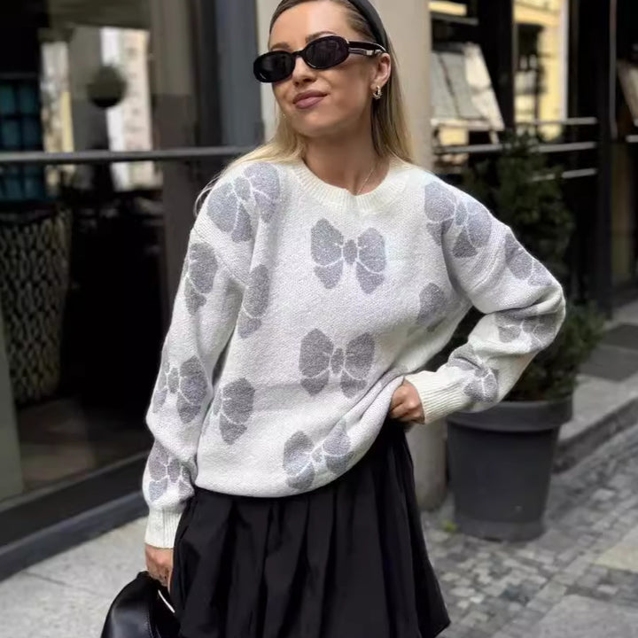 Damen Strickpullover mit floralem Muster und elegantem Rundhalsausschnitt Drune