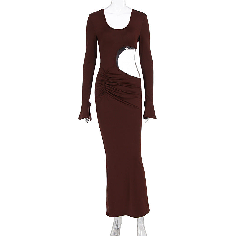 Damen elegantes Maxi-Kleid mit asymmetrischem Cut-Out und Raffungen Drune