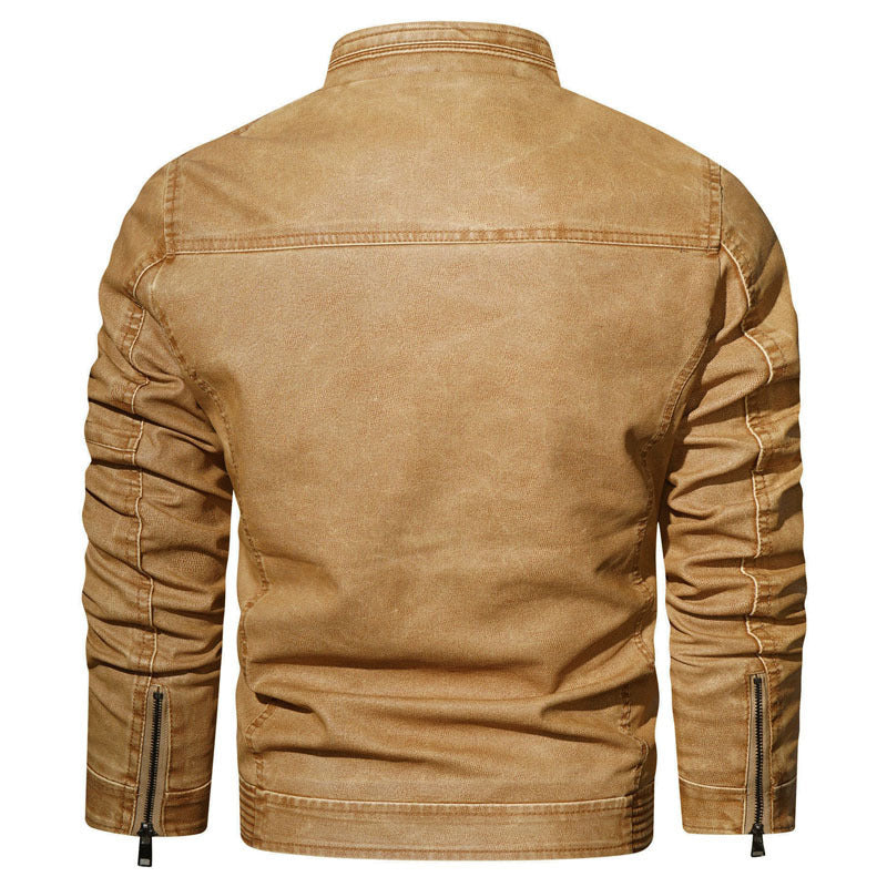 Herren Vintage-Kunstleder-Pilotenblouson mit verstellbarem Stehkragen und Reißverschlusstaschen Drune
