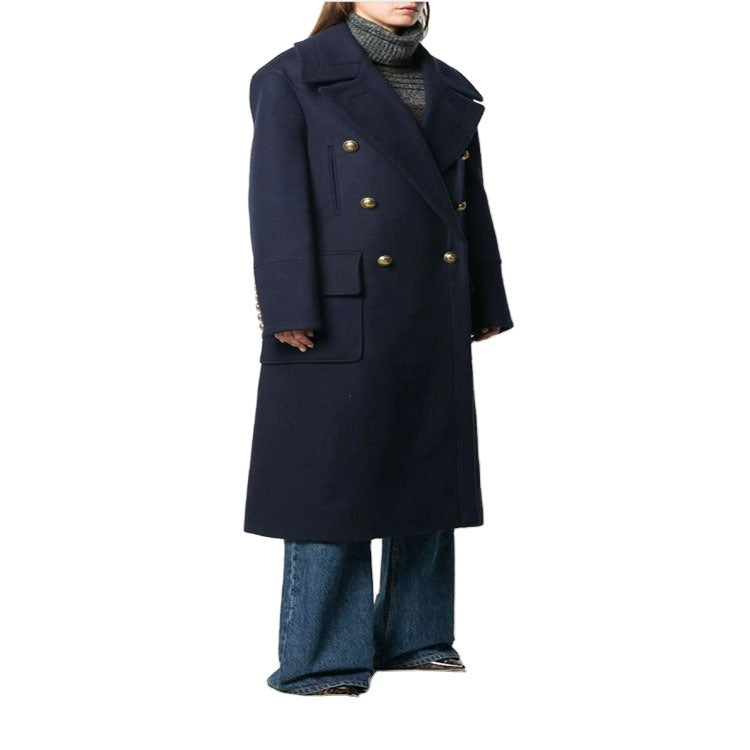 Damen Marineinspirierter Zweireiher-Longcoat aus Wollmix mit Oversize-Revers Drune