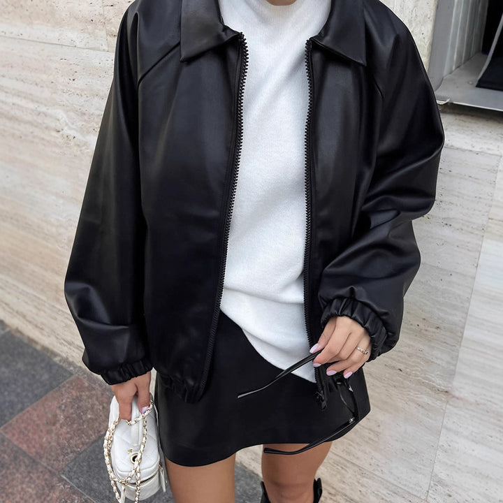 Damen modische Kunstlederjacke im lässigen Oversized-Schnitt Drune