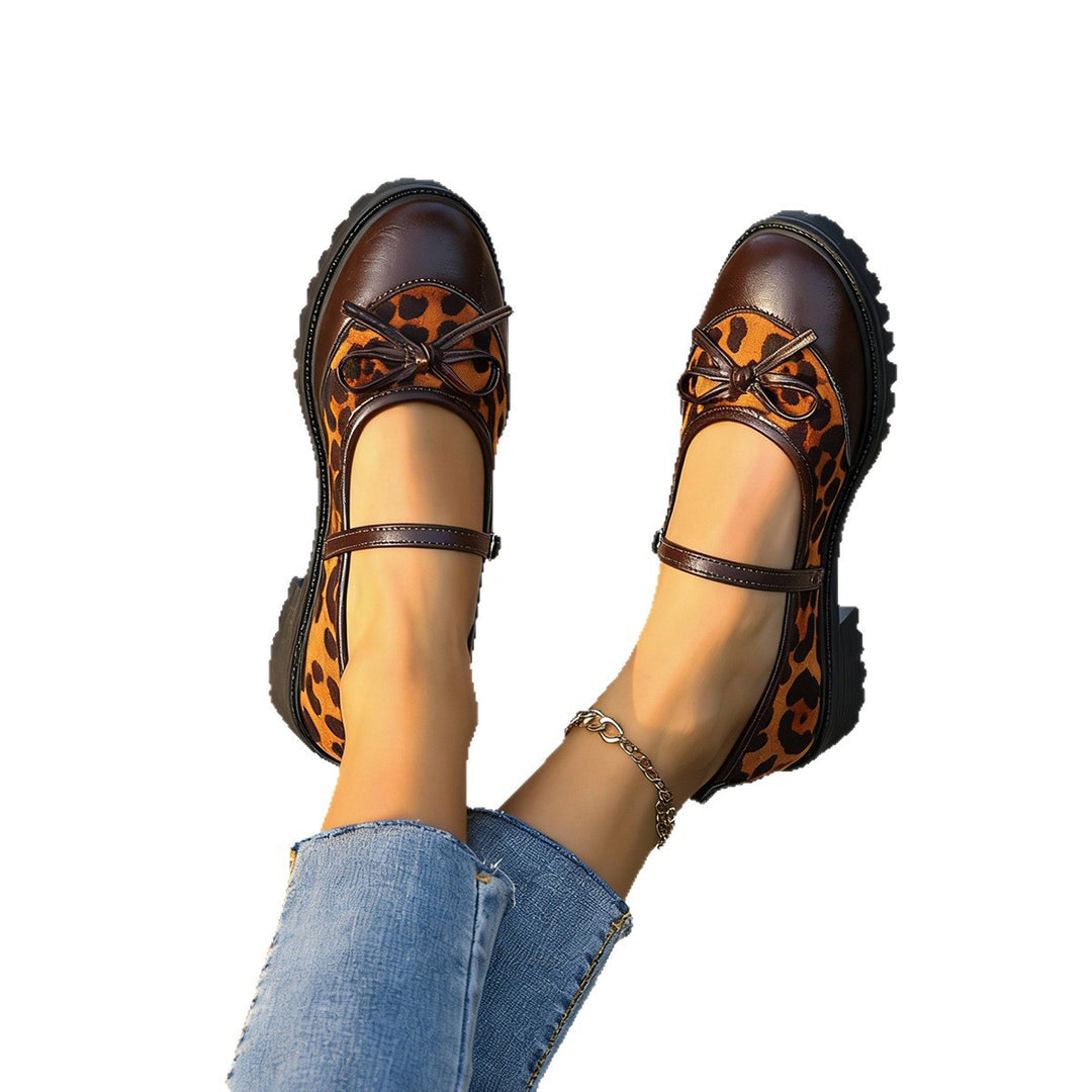 Damen nan Vintage-inspirierte Mary-Jane Ballerinas mit Leopardenvelours, Zierschleife und profilierter Gummisohle Drune