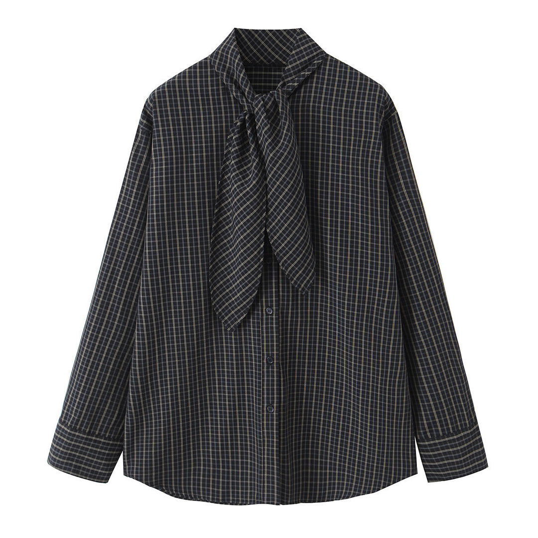 Damen Kariertes Blusenshirt mit Schluppe und weiter Passform Drune