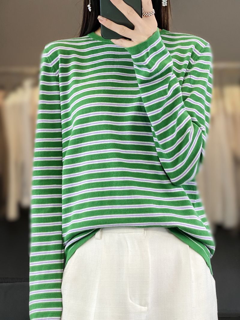 Damen Leichter Baumwollmix-Streifenpullover mit Rundhals, Raglanärmeln und lässiger Silhouette Drune