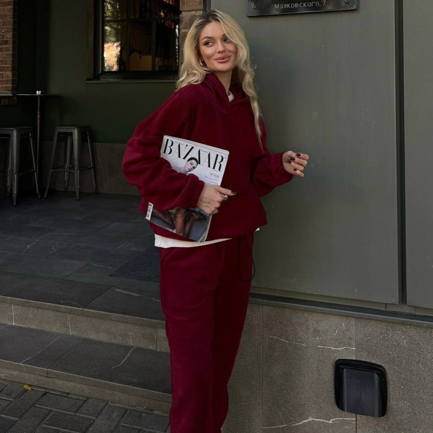 Damen kuscheliges Sweat-Set mit extralangem Kapuzenpullover, verdeckter Kängurutasche und schmal zulaufender Bündchenhose Drune