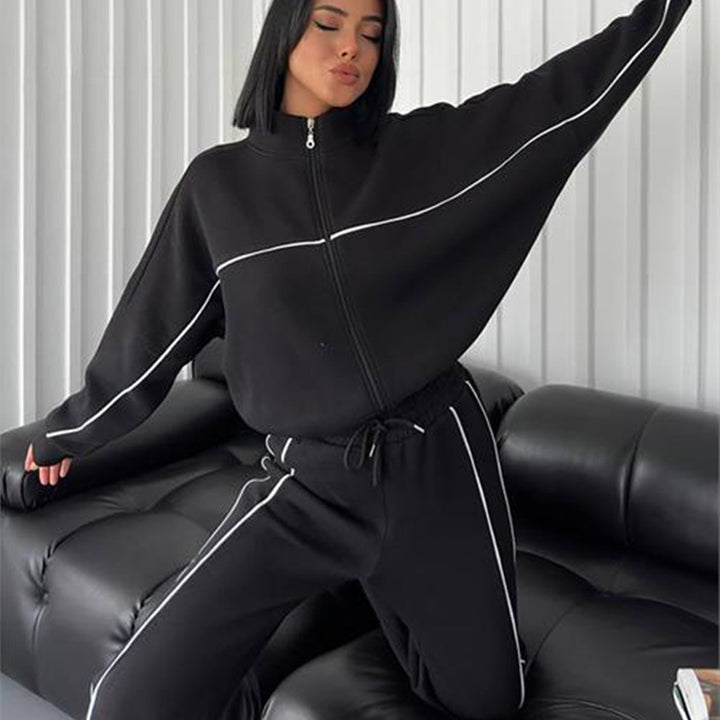 Damen nan Oversize Trainingsanzug Set mit Reißverschluss hohem Kragen und Kontrastpaspeln Drune