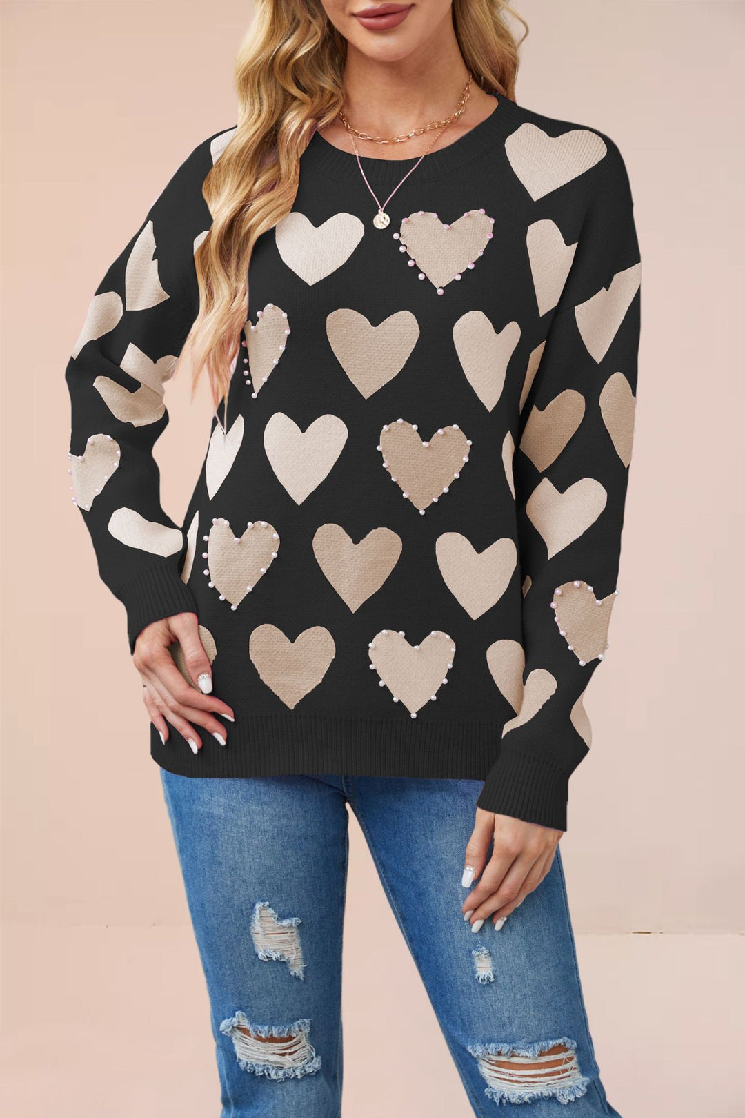 Damen Strickpullover mit Herzmuster und Perlendetails Drune