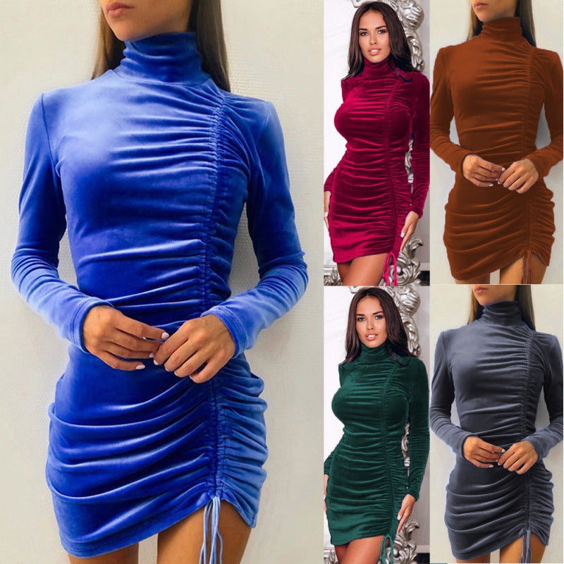 Damen Partykleid mit hochgeschlossenem Kragen und Raffungen Drune