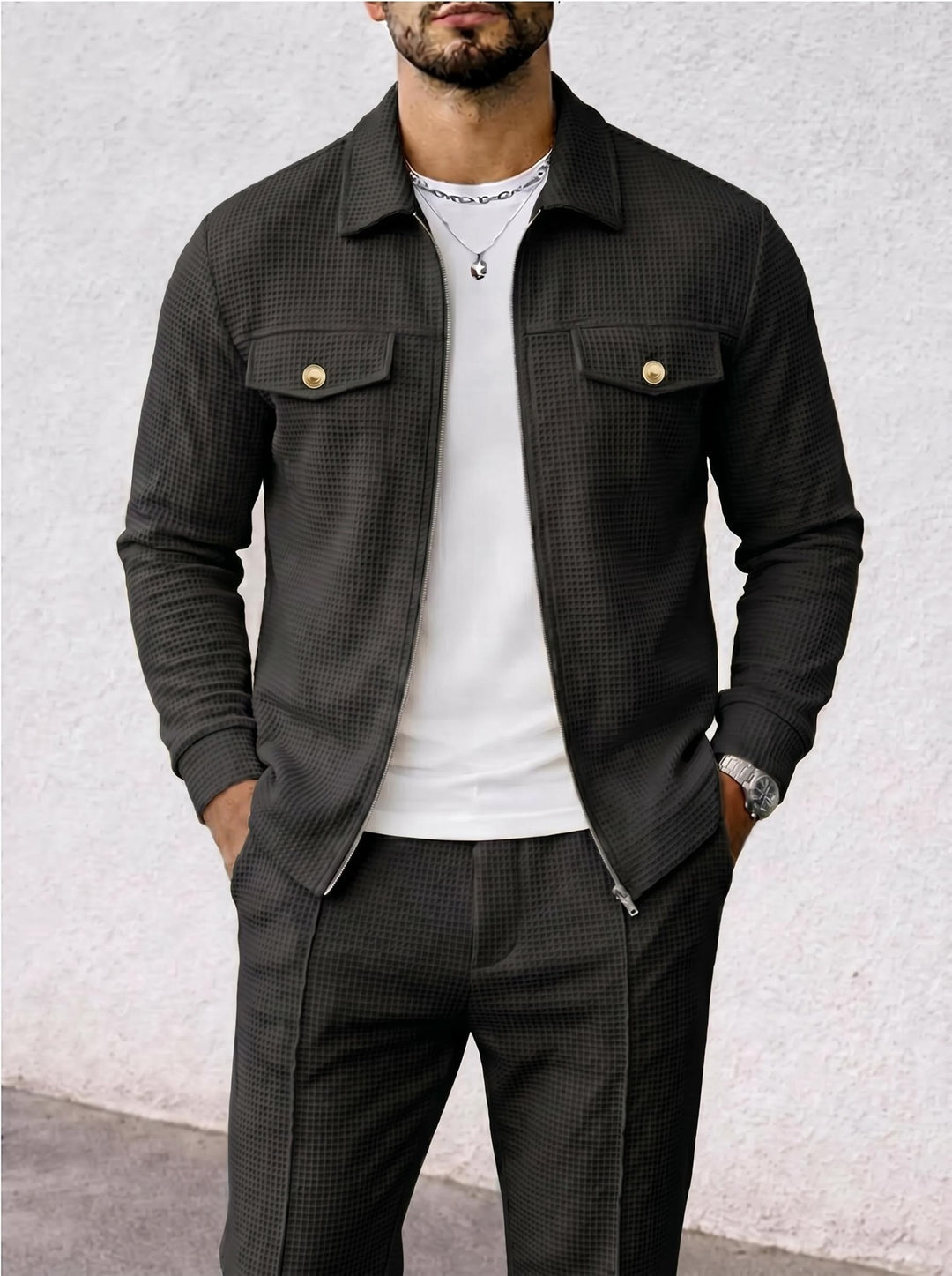 Herren strukturierte Overshirt-Jacke mit Waffelstruktur, Pattentaschen und verdecktem Reißverschluss Drune